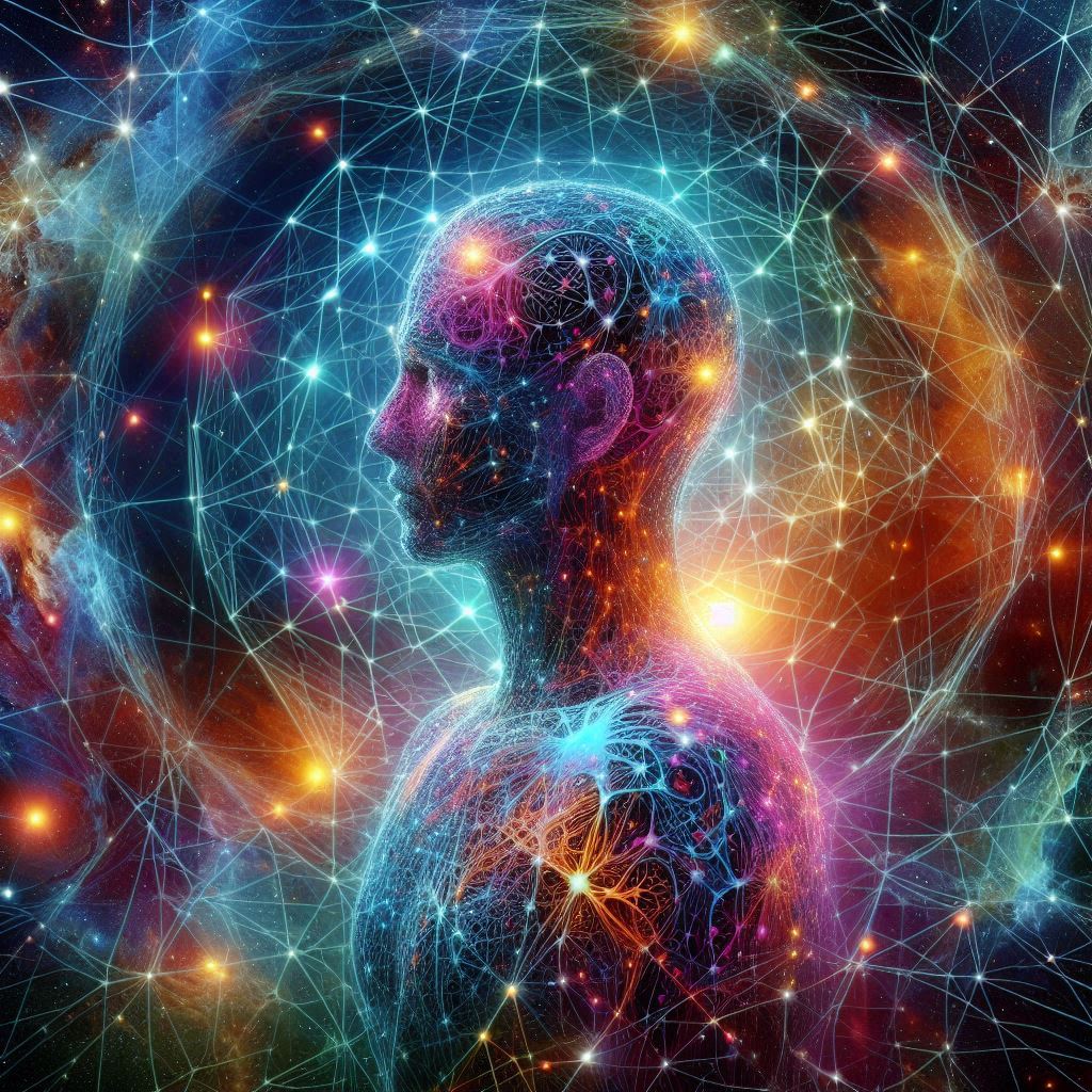 AI Competitive Advantage - A cosmic landscape with a humanoid figure composed of intricate neural networks. The figure is surrounded by a vibrant aura of contrasting colors, symbolizing the intersection of human consciousness and artificial intelligence. The background features celestial bodies and constellations, representing the vast potential of AI to explore the unknown.
