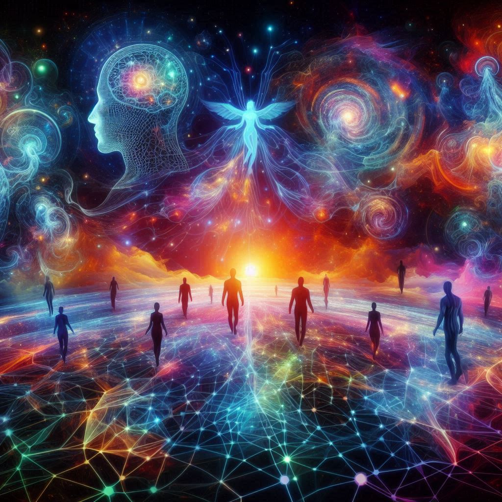 Leadership in the AI Era - A cosmic landscape with intricate neural networks, human figures merging with AI, and a vibrant color palette, symbolizing the interconnectedness of humanity and technology in the AI era.